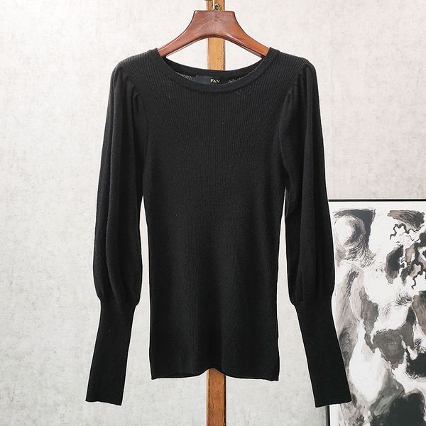 

women sweater spring/summer 2020 new knitted pullover fashion casual round neck puff sleeve knit sweater, White;black