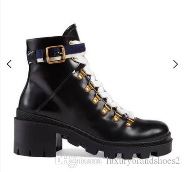 

new woman leather shoes lace up ribbon belt buckle ankle boots factory direct female rough heel round head autumn winter martin boots35-4, Black