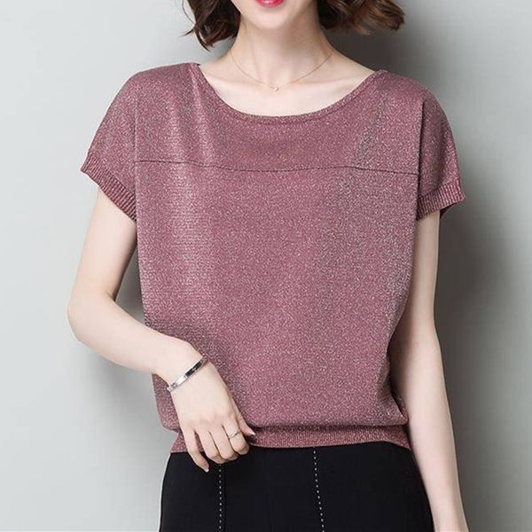 

bright silk short-sleeved t- 2020 summer knitwear t-shirt knitted shirt large size women's loose all-match knitwear fashion, White