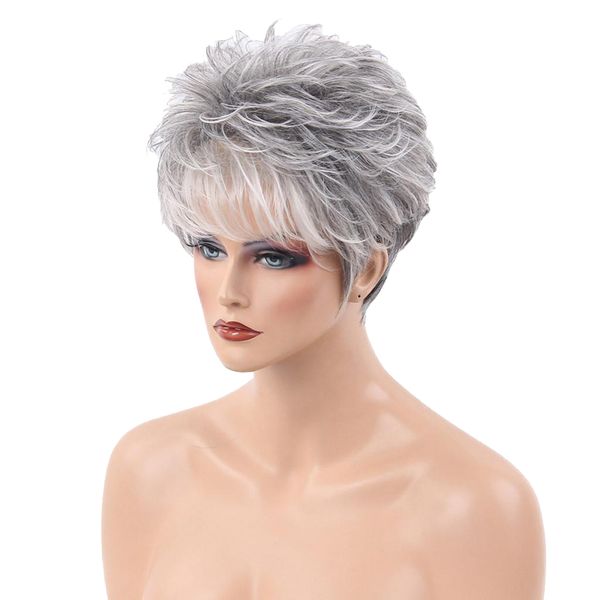 

natural charming women human hair fluffy short white gray full head wigs for parting cosplay fancy dress with bangs, Black