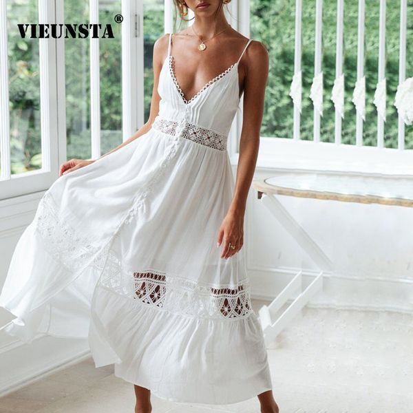 

New Summer Strap Backless Women Dress 2019 Sexy V Neck Button Lace Dresses Casual White Beach Long Dress Female Vestido
