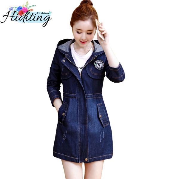 

women denim windbreaker 2018 spring new fashion large size slim mid long coat autumn hooded female denim trench coat diting0172, Tan;black