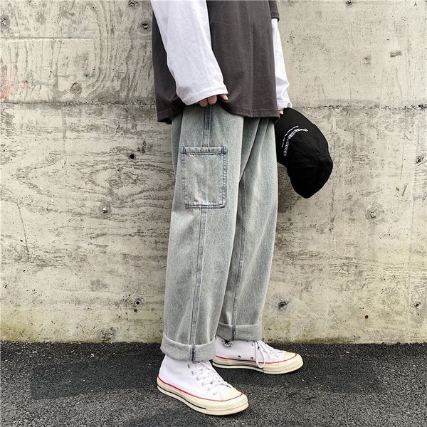 

2019 мода стиль vintage сразу straight leg серый мешковатые homme джинсы хип-хоп cotton карманы мужчины брюки wide leg streetwear, Blue