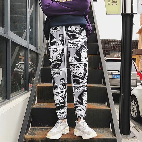 

mens beam foot harem pants comics printed casual couples joggers pants designer hiphop fashion streetwear male trousers, Black