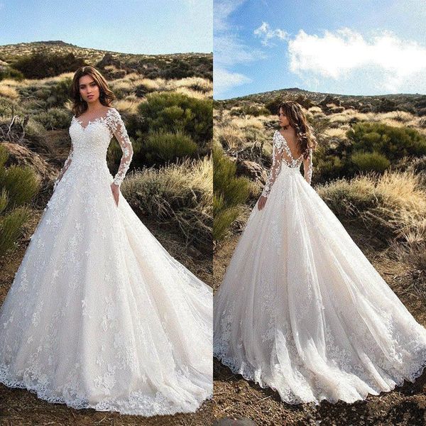 

2020 modest wedding dresses rhinestone appliques v-neck long sleeves bridal gowns dubai saudi arabia a-line wedding dress vestido de novia, White