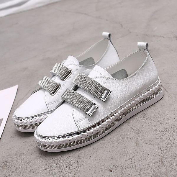 

yu kube crystal genuine leather sneakers loafers shoes 2019 hook&loop woman platform flats ladies white walking shoes, Black