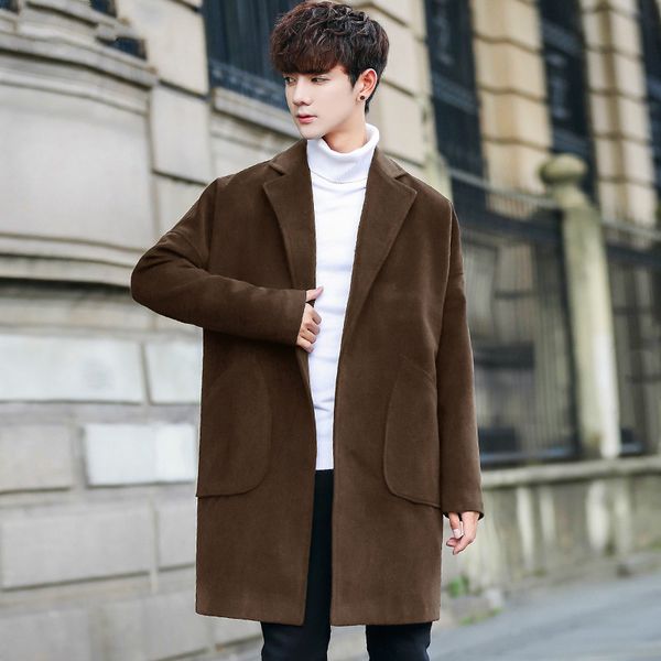 

2019 korean casual fashion loose green wool long pea coat men winter style clothing men long vintage jackets coats overcoat, Black