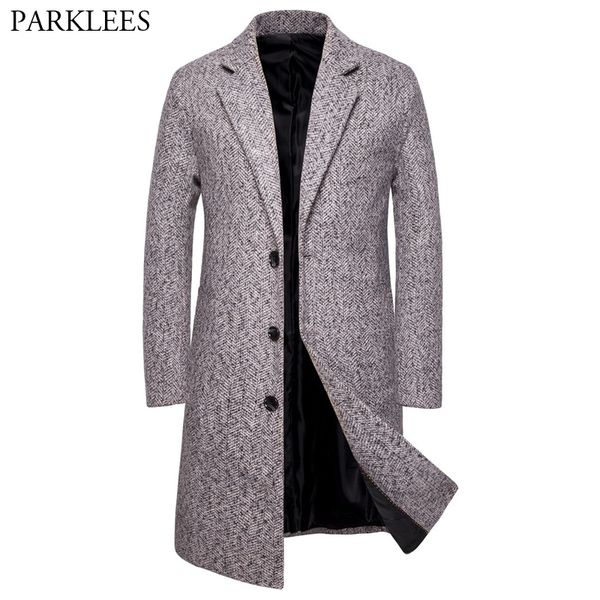 

men's gray herringbone wool blend pea coat 2019 winter brand new slim fit long woolen trench coat male windbreaker overcoat 2xl, Black