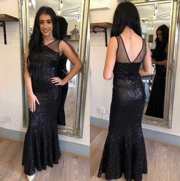 

black sequin mermaid floor length prom dress v neck sleeveless open back sparkly evening dress formal wear