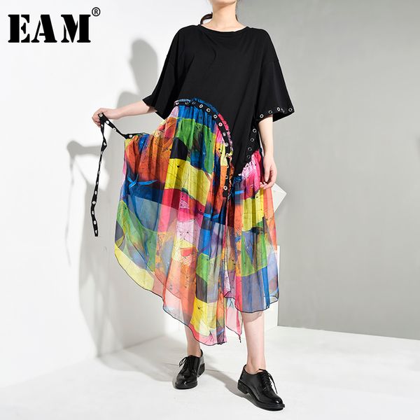 

eam] women black pattern print chiffon big size dress new round neck short sleeve loose fit fashion spring autumn 2020 jx8660, Black;gray