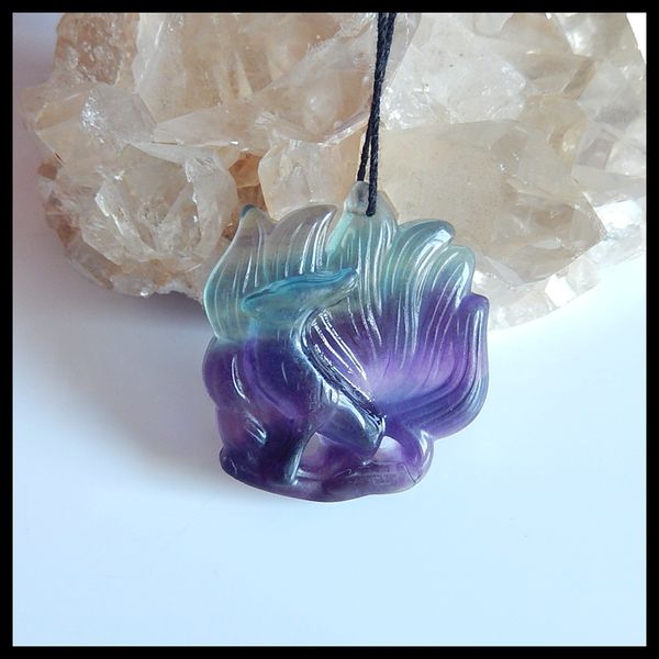 

natural carved animal rainbow fluorite semi-precious stones, jewelry accessories fashion pendants necklace ,41x37x9mm,20.8g, Blue;slivery