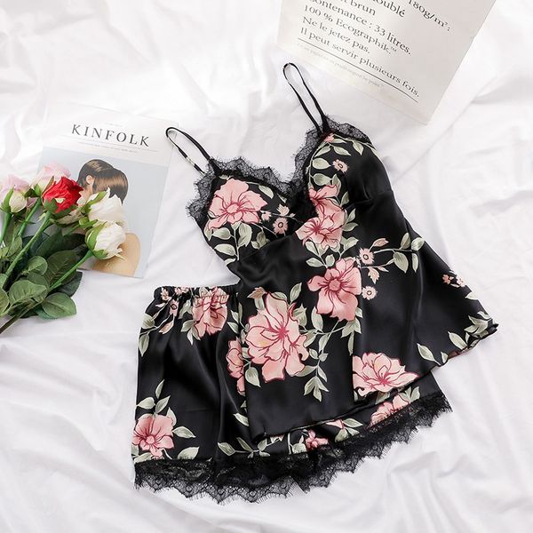 

summer women fashion flower pajamas women sleep lounge pajama set sleepwear 2019, Blue;gray