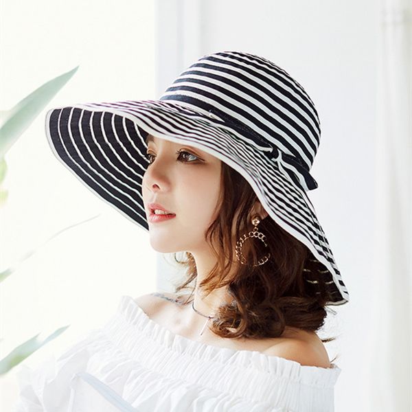 

striped summer women's sun hat bowknot decor flanging cotton arrylic hat beach caps head circumference curved brim wind cap, Blue;gray