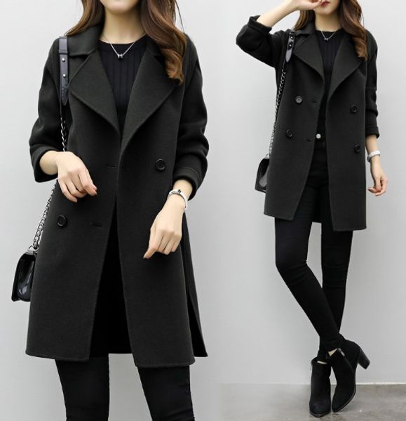 

new thin wool blend coat women outwear long sleeve lapel collar jacket casual autumn winter elegant overcoat, Black;brown