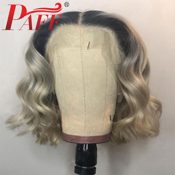 

paff ombre gray lace front human hair wigs with black roots lace frontal short bob wavy wigs for women brazilian remy hair, Black;brown