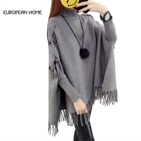 

2019 spring autumn new batwing sleeve sweater women long plus size loose cloak solid tassel turtleneck casual shawl coat lr188, Black