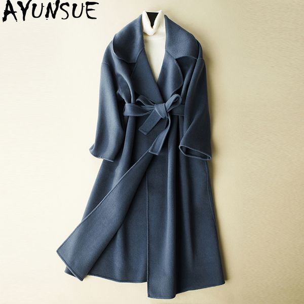

ayunsue 100% pure wool coat female 2018 korean fashion double-sided women wool coats long autumn winter jacket with belt wyq2130, Black