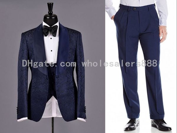 Nuovi abiti da uomo stile blu navy modello smoking da sposo scialle in raso bavero testimoni dello sposo matrimonio testimone (giacca + pantaloni + gilet + papillon) L386