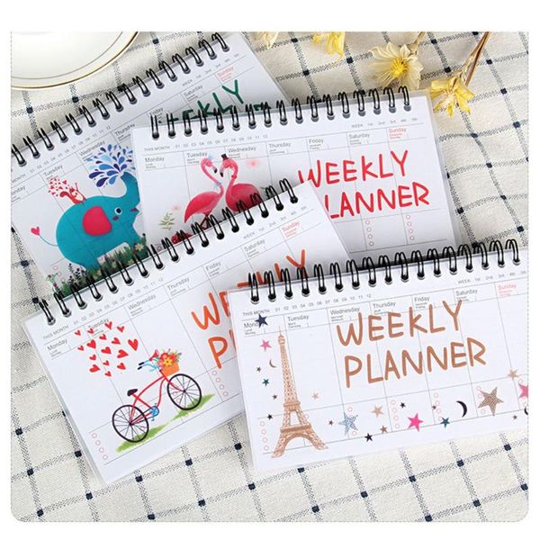 

flamingo cartoon weekly planner coil notebook schedule agenda kids gift mini 100pages memo book stationery school supplies, Purple;pink