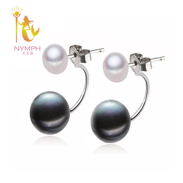 

nymph natural pearl stud earrings jewelry s925 sterling silver genuine white black double pearl earrings party [e205] j190703, White;golden