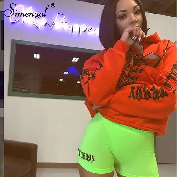 

simenual sportswear workout casual women hoodies letter print long sleeve autumn fashion sweatshirt orange basic slim hoody new, Black