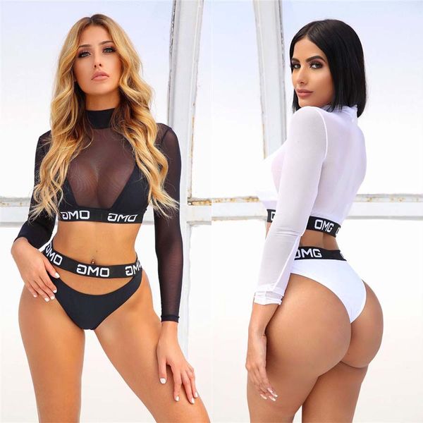 

Women 3 Piece Swimsuit with Long Sleeve Mesh Shirt Cover Up High Waist Thong Bikini Set Bathing BIKINI Suit Swimsuit