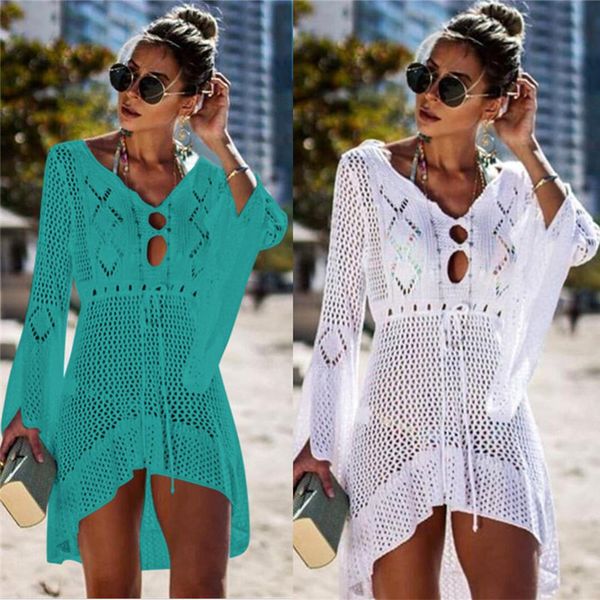 

2019 summer women beachwear white crochet tunic beach wrap dress woman swimwear swimsuit cover-ups bikini cover up, Blue;gray