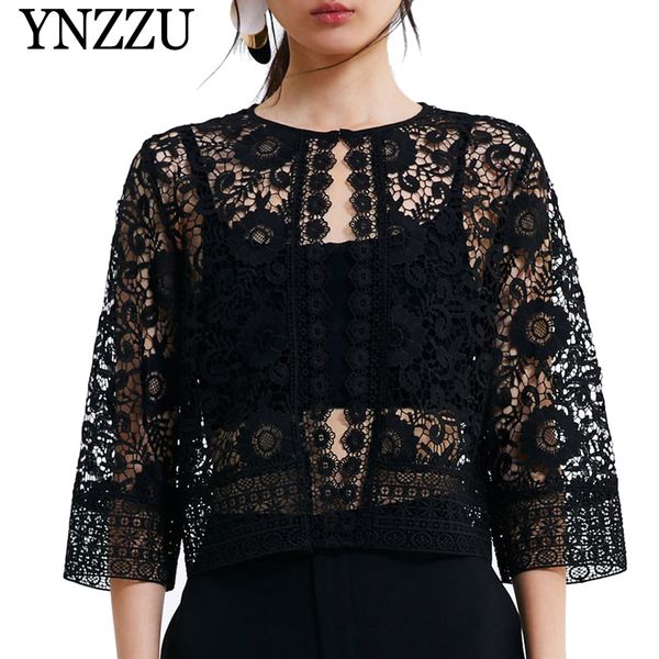 

ynzzu 2019 summer o-neck black women lace jacket semi-sheer three-quarter sleeve coat loose short ladies outerwear yo809, Black;brown