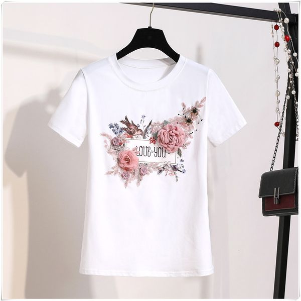 

nail pearl tshirt woman summer paillette 3d flower женская футболка flower jacket футболки для женщин рубашка harajuku топы незнакомец, White