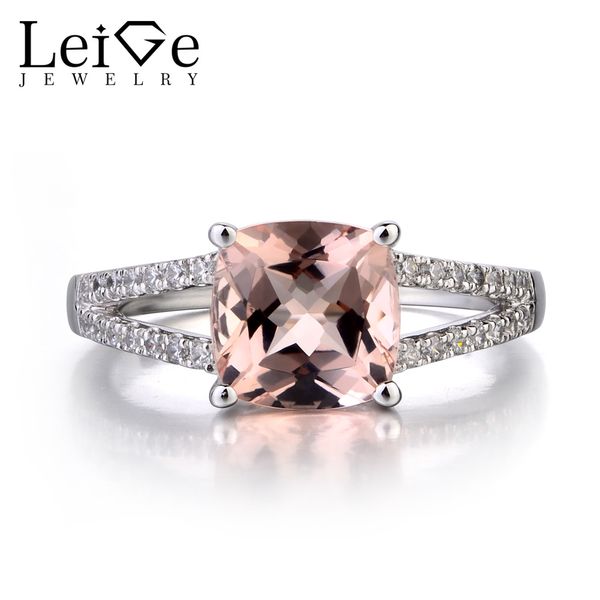 

leige jewelry morganite 925 solid silver ring pink fine gemstone cushion cut promise wedding rings for women, Golden;silver