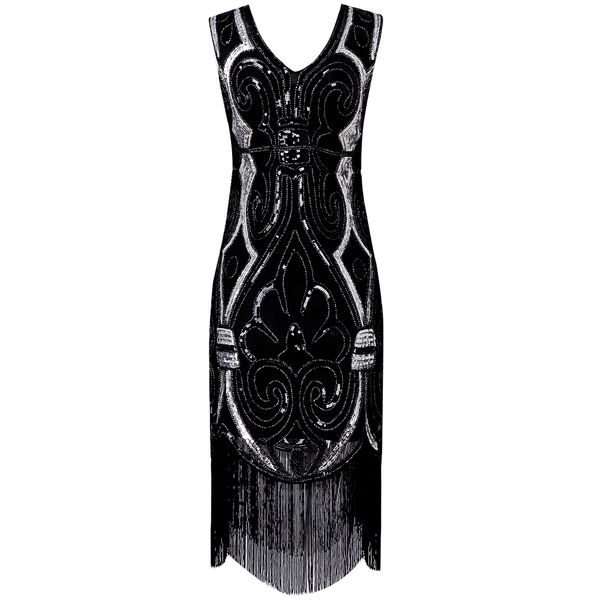 

women's 1920 gatsby prom patchwork fringed chic retro chic sleeveless sequined dinner dress ladies fashion dresses new, Black;gray