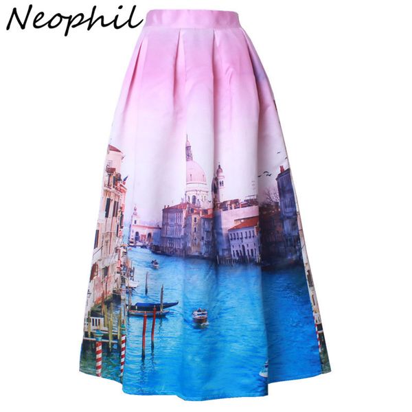 

neophil 2020 ladies venice building floral print high waist pleated ball gown skater satin maxi long skirts jupe longue ms08027, Black