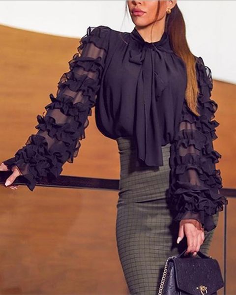 

scarf neck long sleeve blouse, White