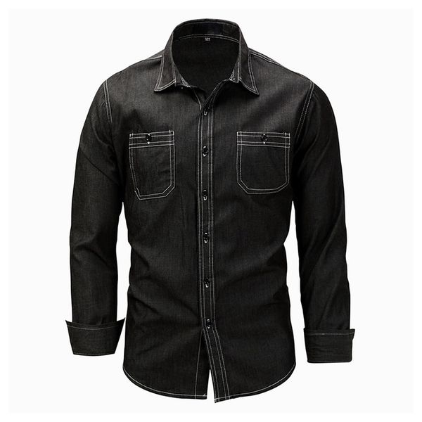

men's casual shirts mens denim men long sleeved with chest pockets jean shirt solid color fashion cotton plus size -xxxl, White;black