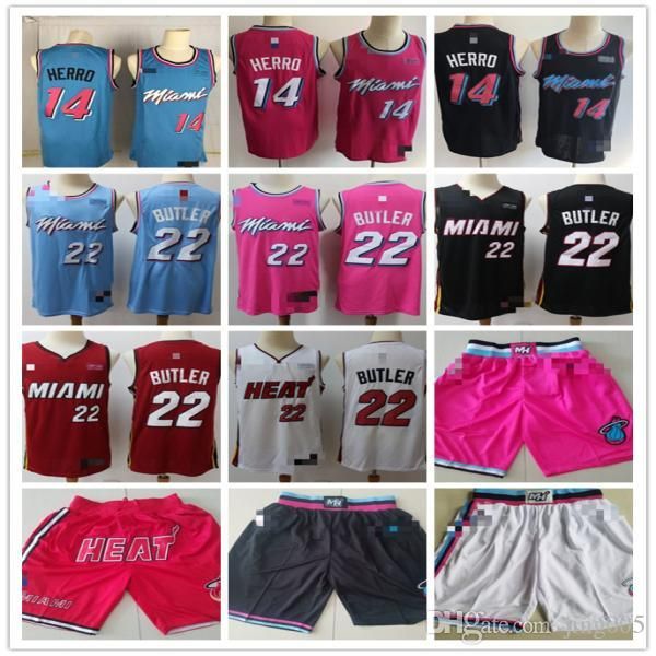 

mens miami heat 14 tyler herro 22 jimmy butler red white black blue pink basketball shorts basketball jerseys, Black;red