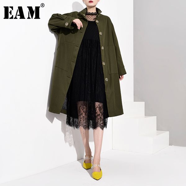 

eam] women button long big size trench new stand collar long sleeve loose fit windbreaker fashion autumn winter 2019 wj2200, Tan;black