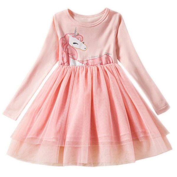 Nova Primavera Rosa Casual Meninas Vestidos Conforto Manga Comprida Baby Girl Vestido de Princesa Crianças Malha Saia Moda Roupas Infantis