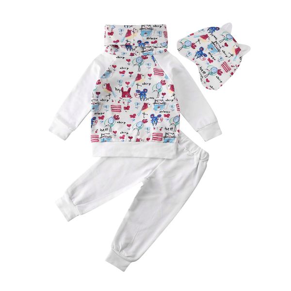 

2020 Brand New Newborn Toddler Kid Baby Girl 3pcs Doodle Printed Outfit Top Sweatshirt Pants Hat Clothes Set 0-24M