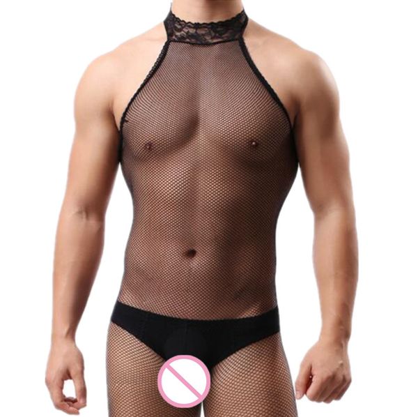 

pole dance clothing male intimate goods fetish men transparent sleepwear fishnet bodystocking see through clothing open crotch, Black;brown