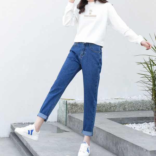 

jeans women high waist washed solid color plus size black streetwear 5xl womens trousers korean style soft, Blue