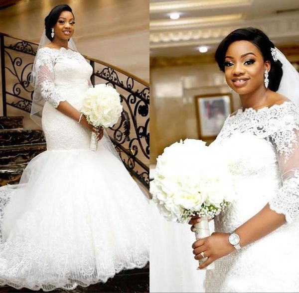 

elegant lace plus size wedding dresses african sheer winter half sleeve 2019 applique bridal gown train church bride dress new arrival, White