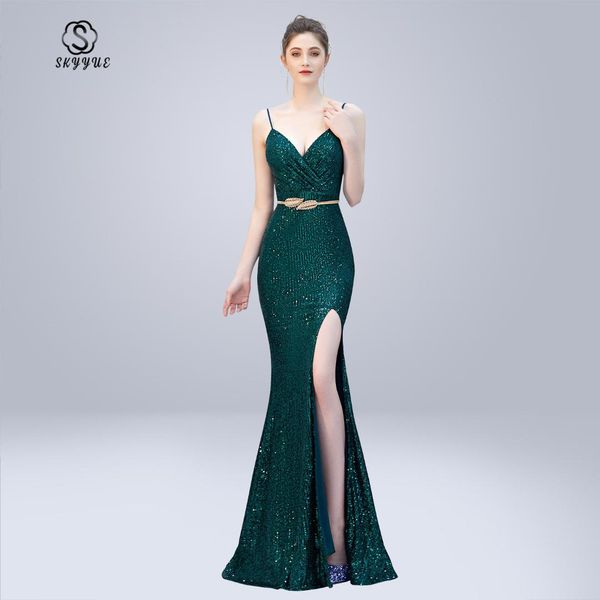 

skyyue evening dress sling sleeveless robe split women party dresses 2019 v-neck sequin formal evening gowns c278, White;black