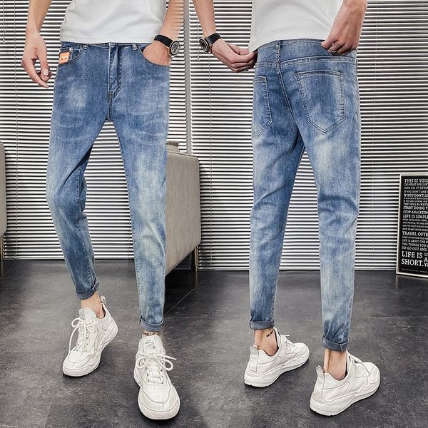 

корейские джинсы мужские стрейч slim fit мода промытые сплошной цвет повседневные джинсы брюки мужчины уличная хип хоп ретро джинсовые брюки, Blue