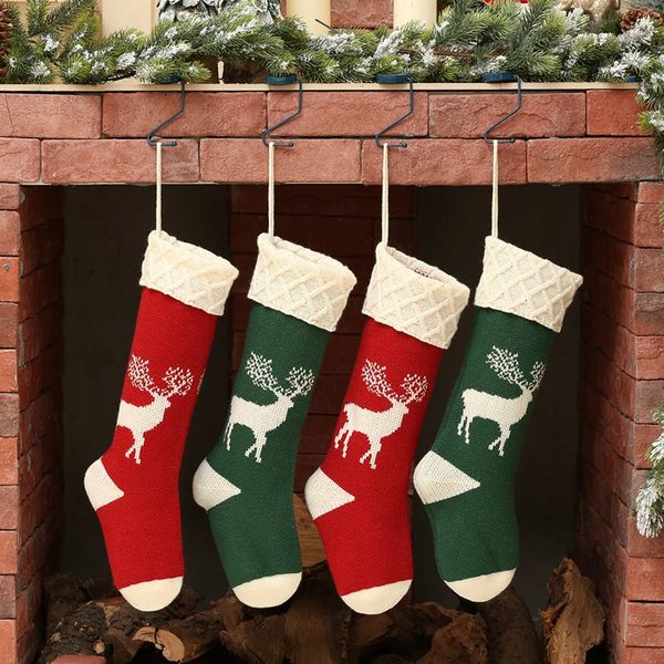 

1pc christmas socks deer printed knitted acrylic hosiery gift holder tree ornament stocking fireplace hanging decor for candy pr, Black