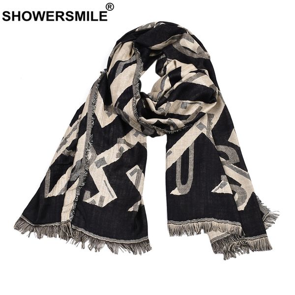 

showersmile men scarf letter print winter scarf male tassel black navy red fashion men's designer brand scarves, Blue;gray