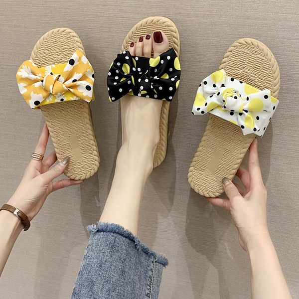 

slippers casual female shoes butterfly-knot slides low lady 2020 girl flat fabric basic pu cotton shoes woman's slippers, Black