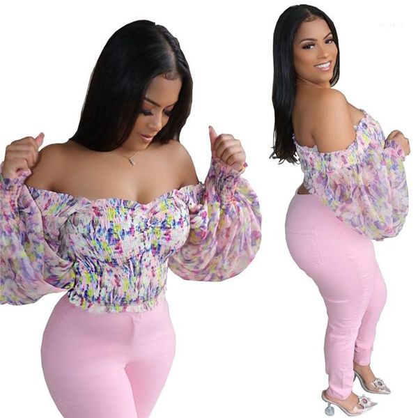 

for lady women cover up one shoulder long sleeve floral slim women tees lanter sleeve, White