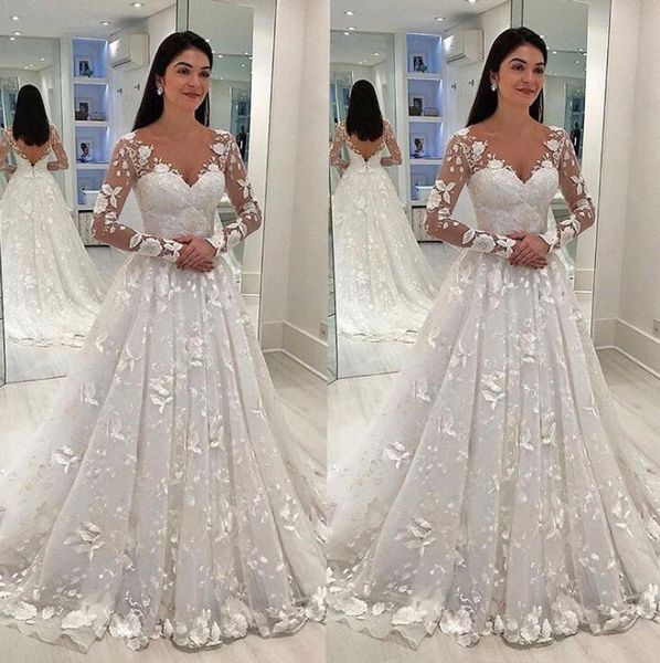 

women wedding dress white lace long dress deep v-neck long mesh lace sleeve a-line pleated floor-length dresses