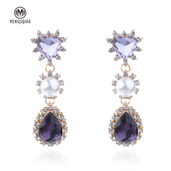 

mengjiqiao 2018 korean new fashion jewelry purple crystal love heart drop pendientes mujer moda simulated pearl dangle earings, Golden;silver