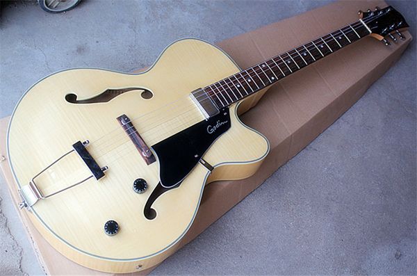 

jazz semi-hollow double f hole original electric guitar single pickups,cable bridge and chrome hardwares,special fret,rosewood fretboard.